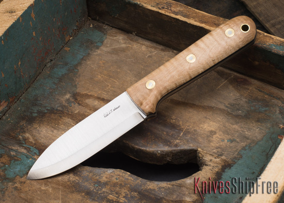 L.T. Wright Knives: Genesis - Scandi Grind - 3V Steel - Light Curly Maple - Black Liners - 02