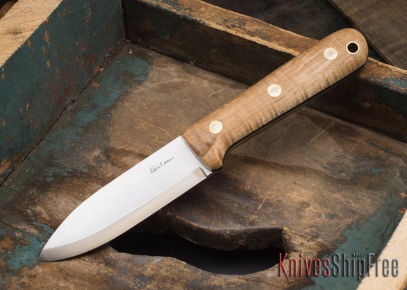 L.T. Wright Knives: Genesis - Scandi Grind - 3V Steel - Light Curly Maple - Black Liners - 03