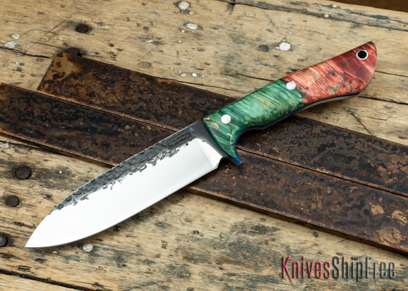 Lon Humphrey Knives: Alpha - Red & Green Buckeye Burl - Blue Liners - 041976