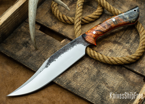 Lon Humphrey Knives: Gunfighter Bowie - Orange & Black Elder Burl - Orange Liners - 112350