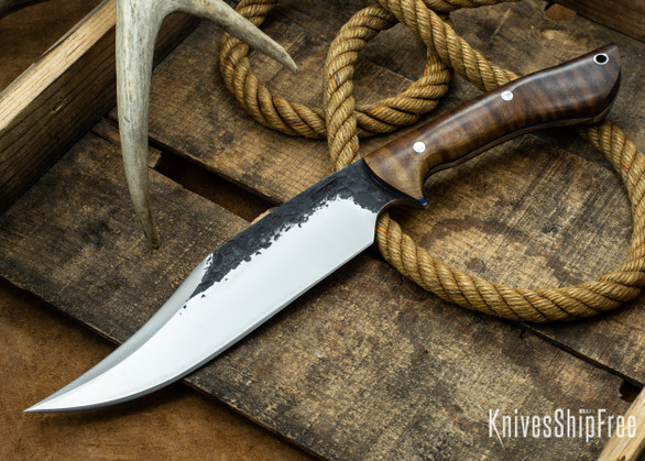 Lon Humphrey Knives: Gunfighter Bowie - Dark Curly Maple - Blue Liners - 112363
