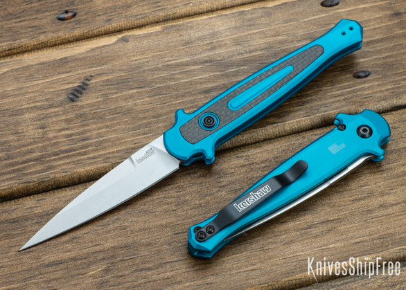 Kershaw Knives: Launch 8 Stiletto - Teal Aluminum - Carbon Fiber Inlay - CPM-154 - Stonewash - 7150TEALSW