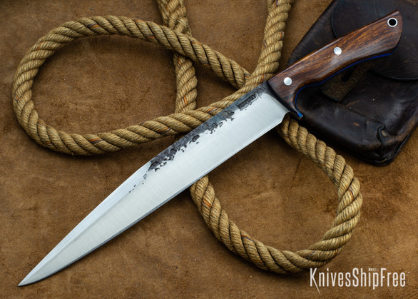 Lon Humphrey Knives: Bell Bowie - 52100 - Desert Ironwood - Blue Liners - 030221