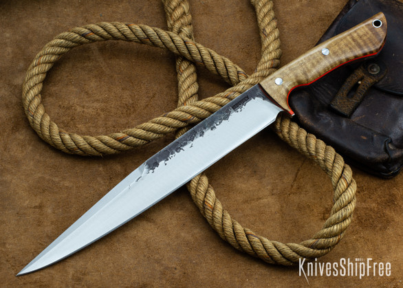 Lon Humphrey Knives: Bell Bowie - 52100 - Dark Curly Maple - Orange Liners - 030242