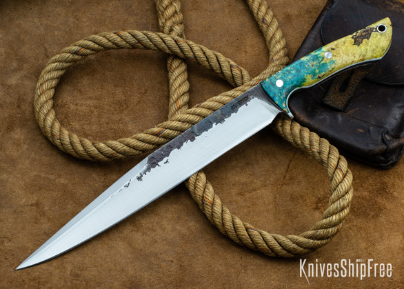 Lon Humphrey Knives: Bell Bowie - 52100 - Gold & Blue Box Elder Burl - White Liners - 030270