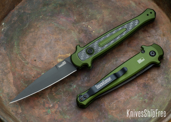 Kershaw Knives: Launch 8 Stiletto - Olive Green Aluminum - Carbon Fiber Inlay - Black Blade - CPM-154 - Stonewash - 7150OLBLK