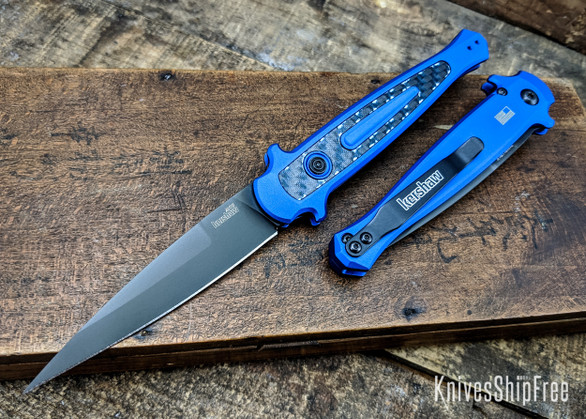 Kershaw Knives: Launch 8 Stiletto - Blue Aluminum - Blue Carbon Fiber Inlay - CPM-154 - Black DLC - 7150BLUBLK