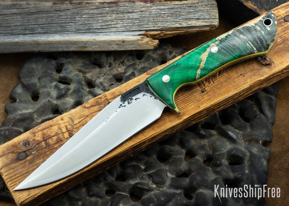 Lon Humphrey Knives: Monitor - 52100 - Green & Black Box Elder Burl - Yellow Liners - 072006