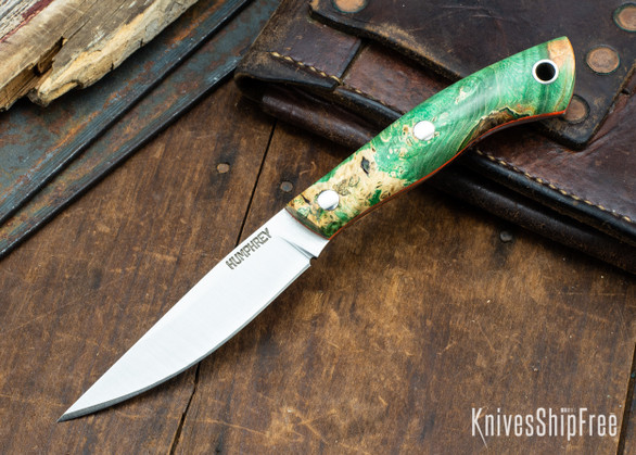 Lon Humphrey Knives: Bird & Trout AEB-L - Green & Orange Box Elder Burl - Orange Liners - 092843