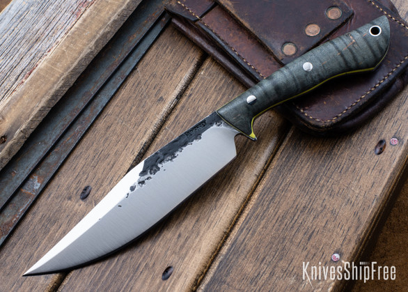 Lon Humphrey Knives: Hickok - Forged 52100 - Black Curly Maple - Yellow Liners - 120321