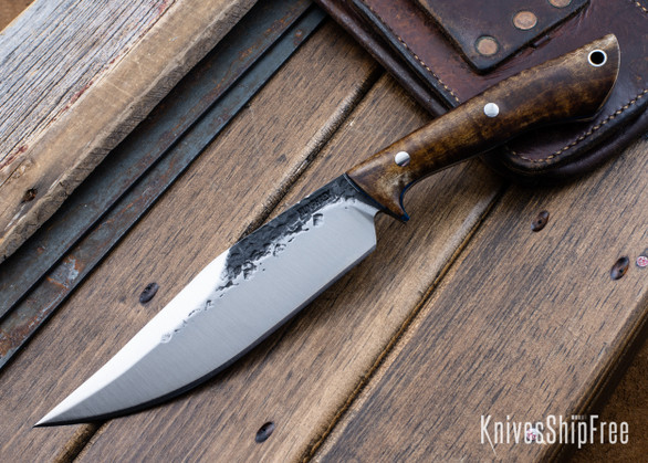 Lon Humphrey Knives: Hickok - Forged 52100 - Dark Curly Maple - Blue Liners - 120356