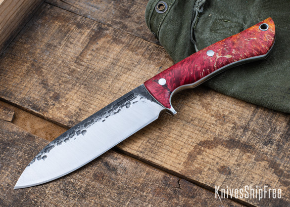 Lon Humphrey Knives: Alpha - Forged 52100 - Red & Orange Box Elder Burl - White Liners - LH25AG056