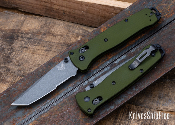 Benchmade Knives: 537SGY-1 Bailout - CPM-M4 Tanto - Partially Serrated - Grey Cerakote - Woodland Green Aluminum