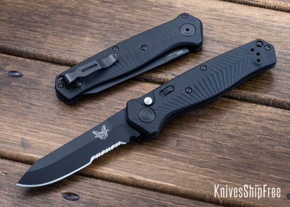 Benchmade Knives: 8551SBK Mediator - Push Button Auto - Textured Black G-10 - CPM S90V - Black Cerakote - Partially Serrated