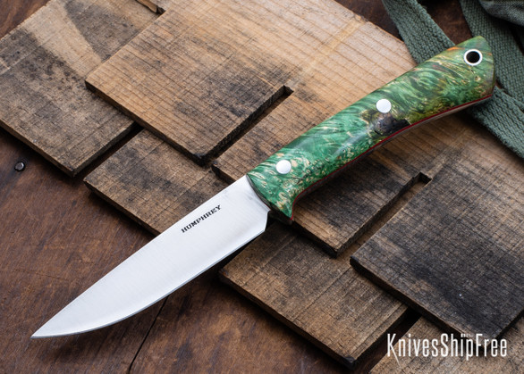 Lon Humphrey Knives: Tucson AEB-L - Orange & Green Box Elder Burl - Red Liners - LH30GG045