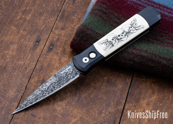 ProTech Godfather Custom - Black Aluminum - Ivory Micarta Inlays - Karst Skull Engraving - Chad Nichols Damascus - PT17HG010