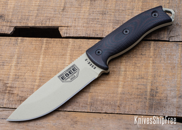 ESEE Knives: ESEE-5PDT-004 - Desert Tan Blade - 3D Blood & Black G-10