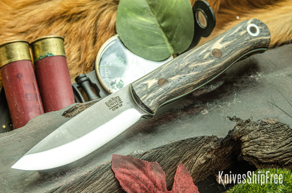 Bark River Knives: Ultralite Bushcrafter - CPM 3V - Quarter Sawn Bog Oak - Sea Blue & Natural Liners - Natural Pins
