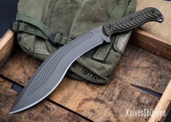 RMJ Tactical: Kukri - Textured Dirty Olive G-10 - 80CrV2 - Tungsten Cerakote