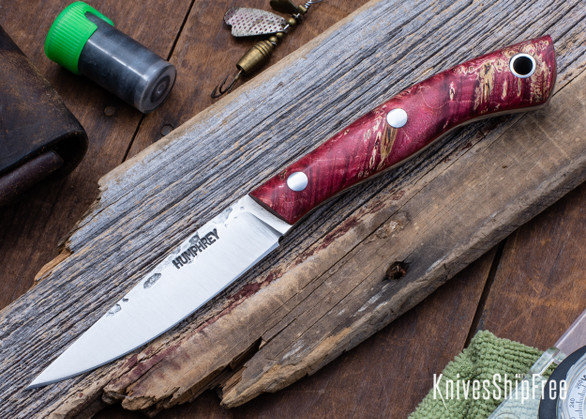 Lon Humphrey Knives: Bird & Trout - Forged AEB-L - Double Dyed Box Elder Burl - Red Liners - LH03EH074