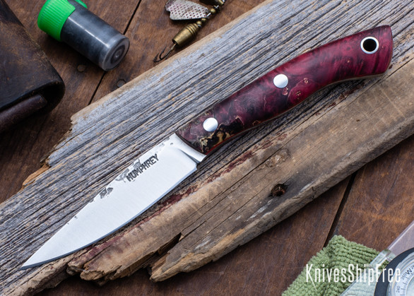 Lon Humphrey Knives: Bird & Trout - Forged AEB-L - Double Dyed Box Elder Burl - Red Liners - LH03EH076