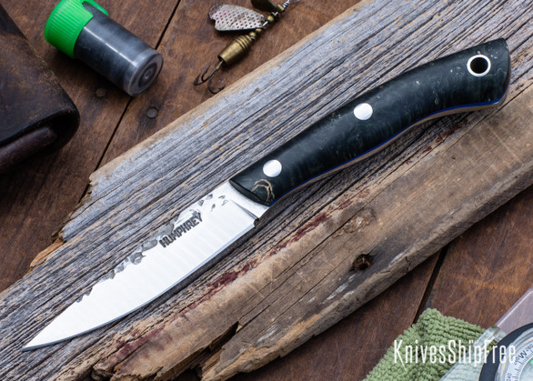 Lon Humphrey Knives: Bird & Trout - Forged AEB-L - Double Dyed Box Elder Burl - Blue Liners - LH03EH108