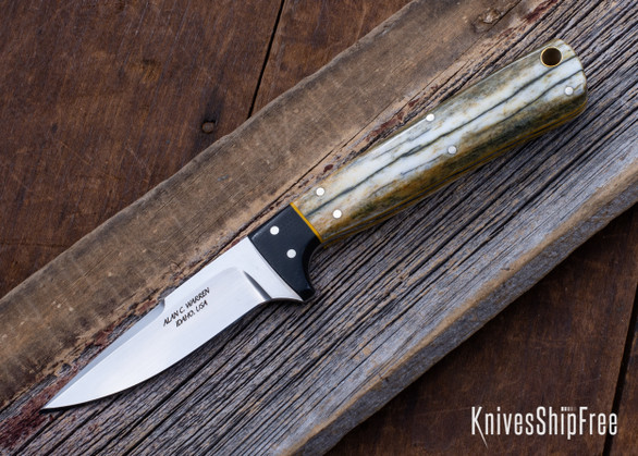 Alan Warren Custom Knives: #2495 Bird & Trout - Giraffe Bone - G-10 Bolster - Yellow Liners - CPM-154