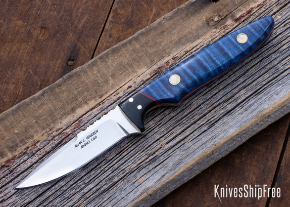 Alan Warren Custom Knives: #2487 Bird & Trout - Blue Curly Maple - G-10 Bolster - Red Liners - Brass & Mammoth Pins - CPM-154