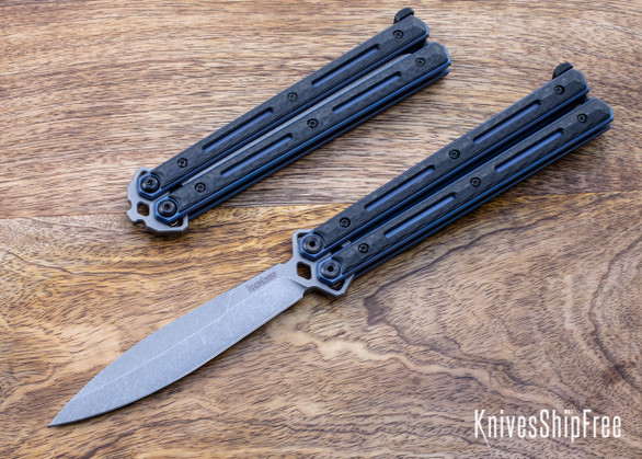 Kershaw Knives: Lucha - Blue Anodized Titanium w/Carbon Fiber- Stonewashed Spear Point Butterfly Knife - 5150CF