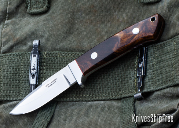 Alan Warren Custom Knives: #2471 Loveless Style Drop Point Hunter - Swedge Grind - Desert Ironwood Burl - Red G-10 Liners - Stainless Corby Bolts - Titanium Lanyard Hole - CPM-154