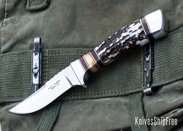 Alan Warren Custom Knives: #2466 Trailing Point Hunter- Sanbar Stag - Walrus/Ironwood/Nickel Silver/Black G10 Spacers - Aluminum Pommel - Filework - CPM-154