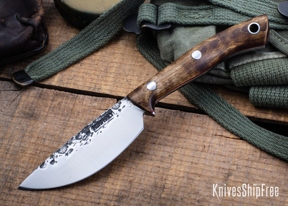 Lon Humphrey Knives: Drop Point Blacktail - Forged 52100 - Dark Curly Maple - Red Liners - LH16FH008