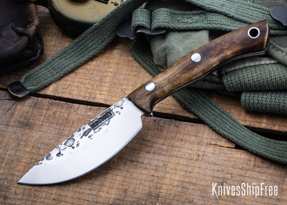 Lon Humphrey Knives: Drop Point Blacktail - Forged 52100 - Dark Curly Maple - Black Liners - LH16FH025