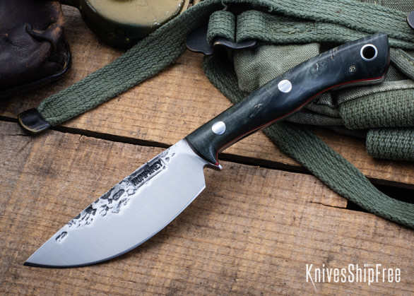 Lon Humphrey Knives: Drop Point Blacktail - Forged 52100 - Double Dyed Box Elder Burl - Red Liners - LH16FH083