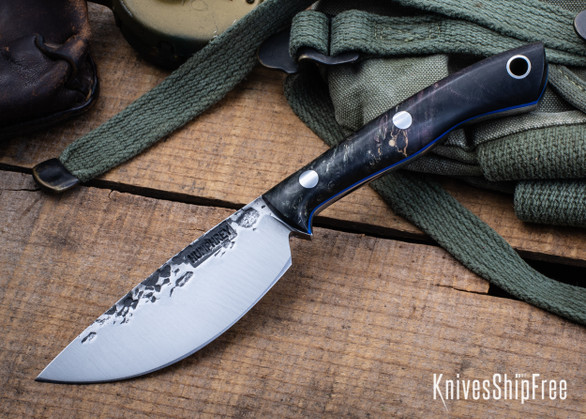 Lon Humphrey Knives: Drop Point Blacktail - Forged 52100 - Double Dyed Box Elder Burl - Blue Liners - LH16FH101