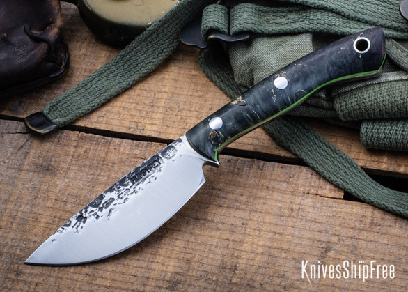 Lon Humphrey Knives: Drop Point Blacktail - Forged 52100 - Double Dyed Box Elder Burl - Green Liners - LH16FH111