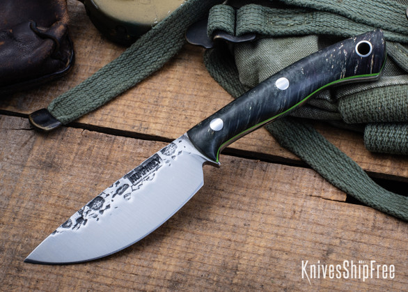 Lon Humphrey Knives: Drop Point Blacktail - Forged 52100 - Double Dyed Box Elder Burl - Green Liners - LH16FH112