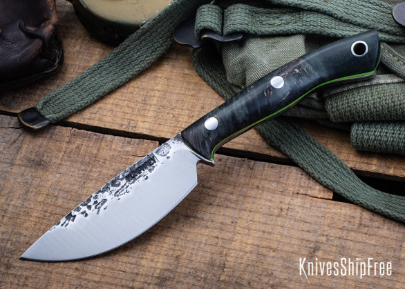 Lon Humphrey Knives: Drop Point Blacktail - Forged 52100 - Double Dyed Box Elder Burl - Green Liners - LH16FH113