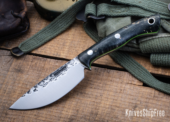 Lon Humphrey Knives: Drop Point Blacktail - Forged 52100 - Double Dyed Box Elder Burl - Green Liners - LH16FH114