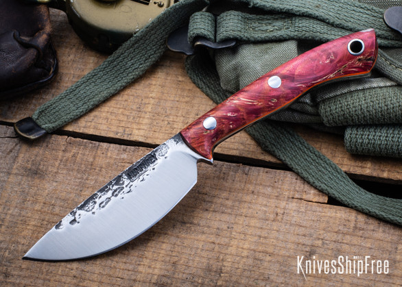 Lon Humphrey Knives: Drop Point Blacktail - Forged 52100 - Double Dyed Box Elder Burl - Orange Liners - LH16FH128