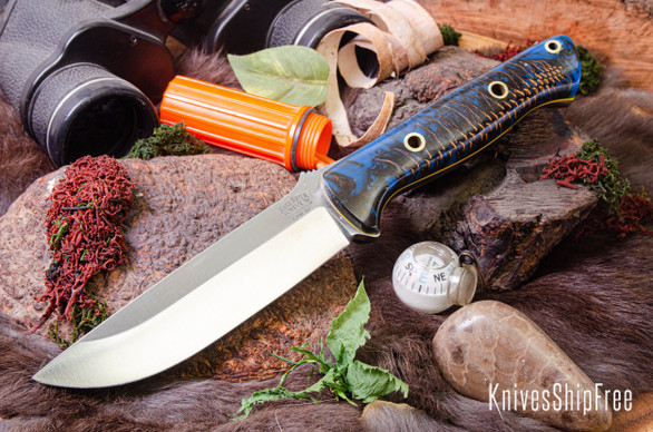 Bark River Knives: Bravo 1.25 - CPM 3V - Blue & Copper Pinecone - Yellow Liners - Hollow Brass Pins - Rampless