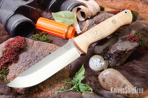 Bark River Knives: Bravo 1.25 - CPM 3V - Natural Curly Maple - Red Liners - Mosaic Pins