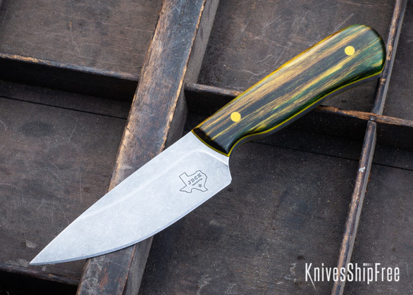 Jeff Davidson Custom Knives: IBEX Hunter - Stonewashed 80CrV2 - Beachwood - Yellow G-10 Liners & Pins