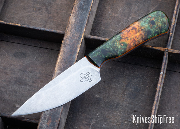 Jeff Davidson Custom Knives: IBEX Hunter - Stonewashed 80CrV2 - Orange & Green Box Elder Burl - Black G-10 Pins - Orange Liners