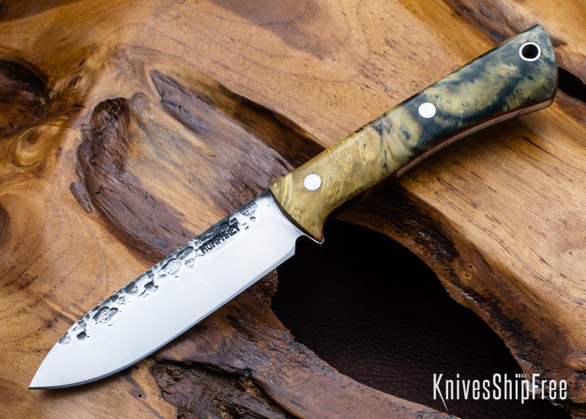 Lon Humphrey Knives: Gold Digger - Forged 52100 - Double Dyed Box Elder Burl - Red Liners - LH23IH072