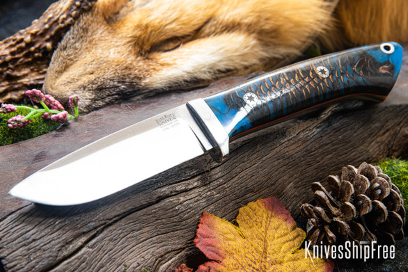 Bark River Knives: Classic Drop Point Hunter - CPM S45VN - Blue & Copper Pinecone - Orange Liner - Mosaic Pins