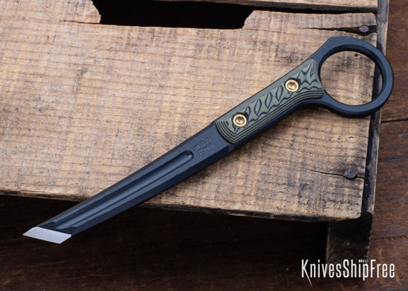 RMJ Tactical: "Stabby Guy" Pry Tool - Dirty Olive G-10 - CPM-3V - Black Textured Finish