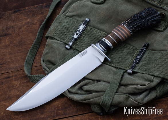 Scagel Knives: Large Bowie - Black Paper/Lignum Vitae/Stacked Leather Spacers - Impala Pommel