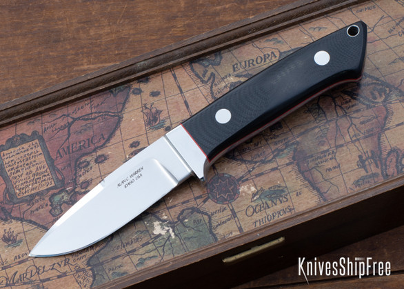 Alan Warren Custom Knives: #2505 Loveless Style Drop Point Hunter - Black G10 w/416 Corby Rivets - Cherry Red G10 Liners - Titanium Lanyard Hole - CPM-154