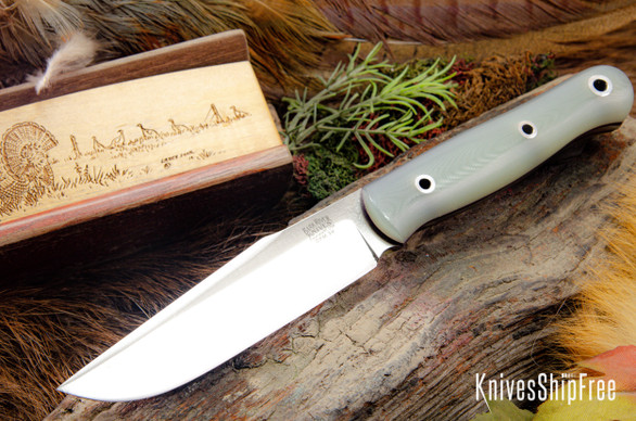 Bark River Knives: Ultralite Field Knife - CPM 3V - Ghost Green Jade G-10 - Thick Purple Liner - Hollow Pins